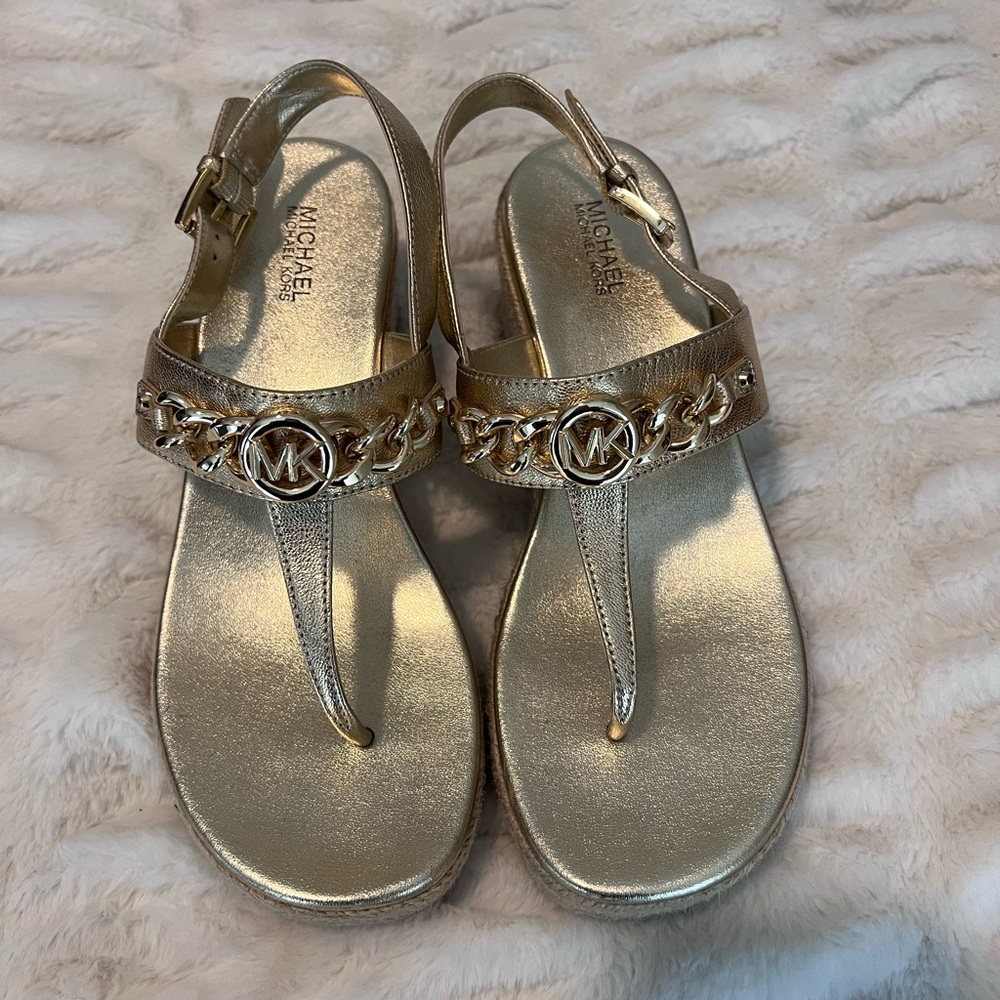 MK Gold Low Wedge Sandal - Size 6